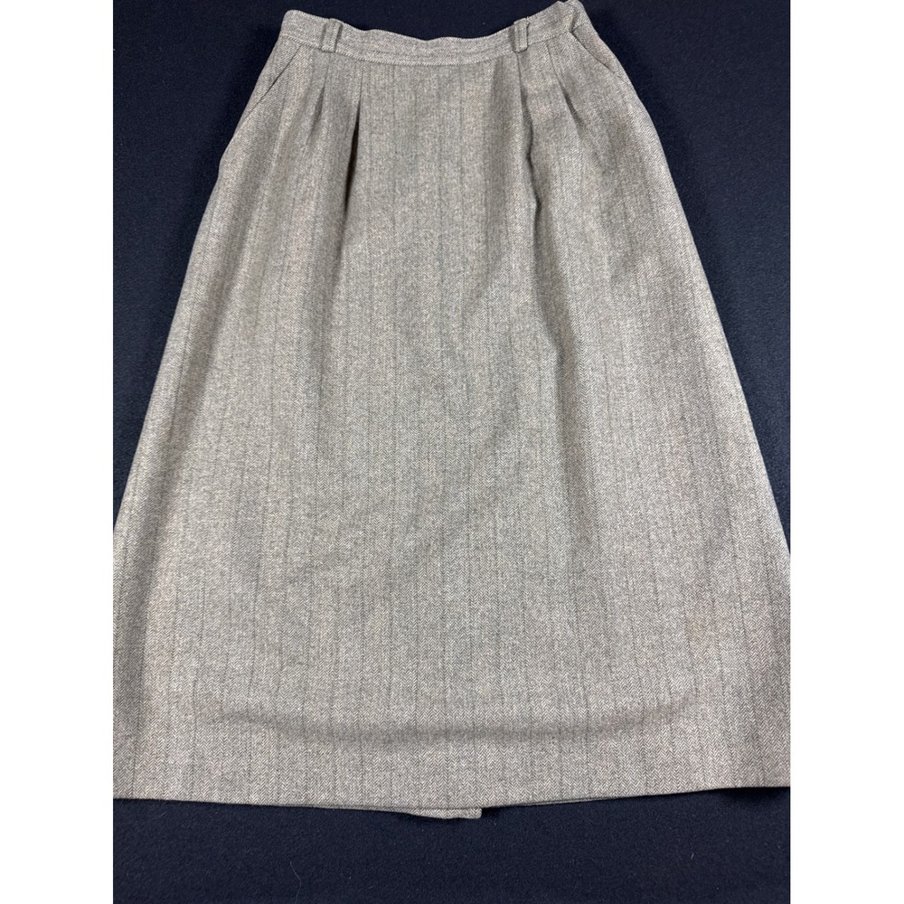 Barry Bricken Vintage Herringbone Midi Skirt Tan Grey Pleated Wool Blend Size 6